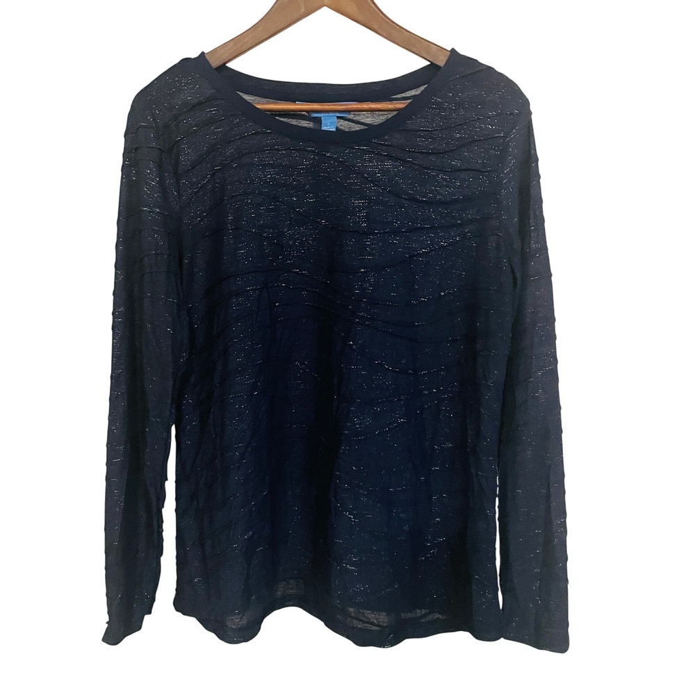 Ethereal Fairy Metallic Shimmer Textured Raw Edge Top L Navy Sheer Sparkle